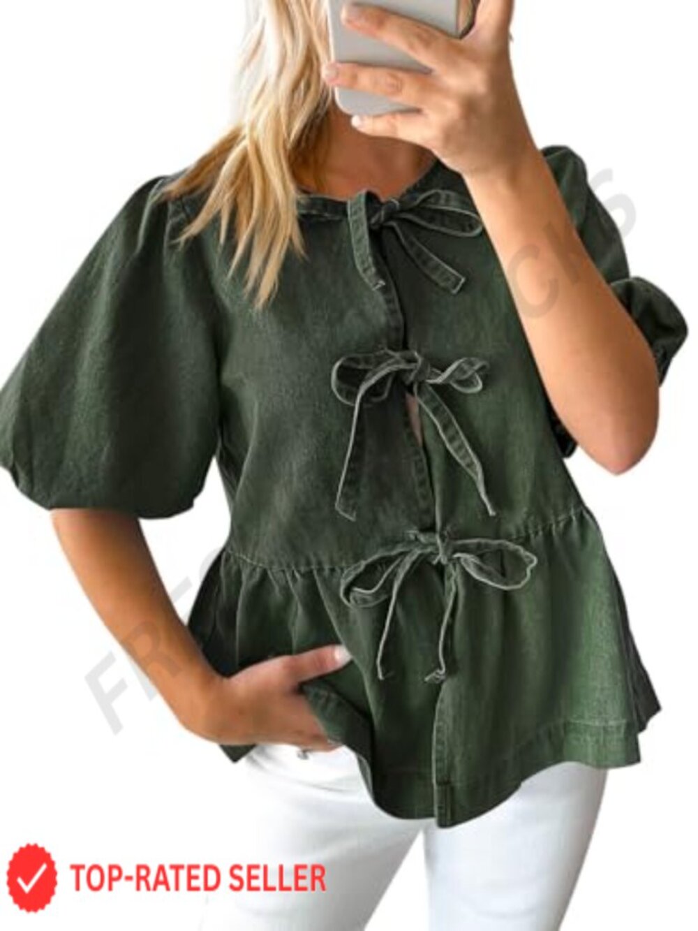 Denim Tie Front Peplum Blouse Puff Sleeve Babydoll Top